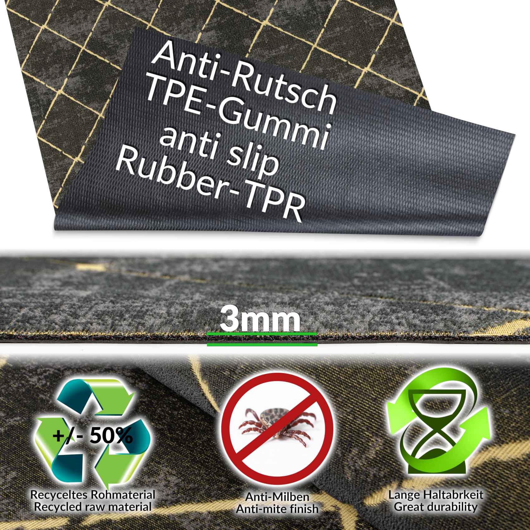 Küchenläufer Teppich Läufer abwaschbar Flurteppich Aydi / 3 Farben / 3 Breiten