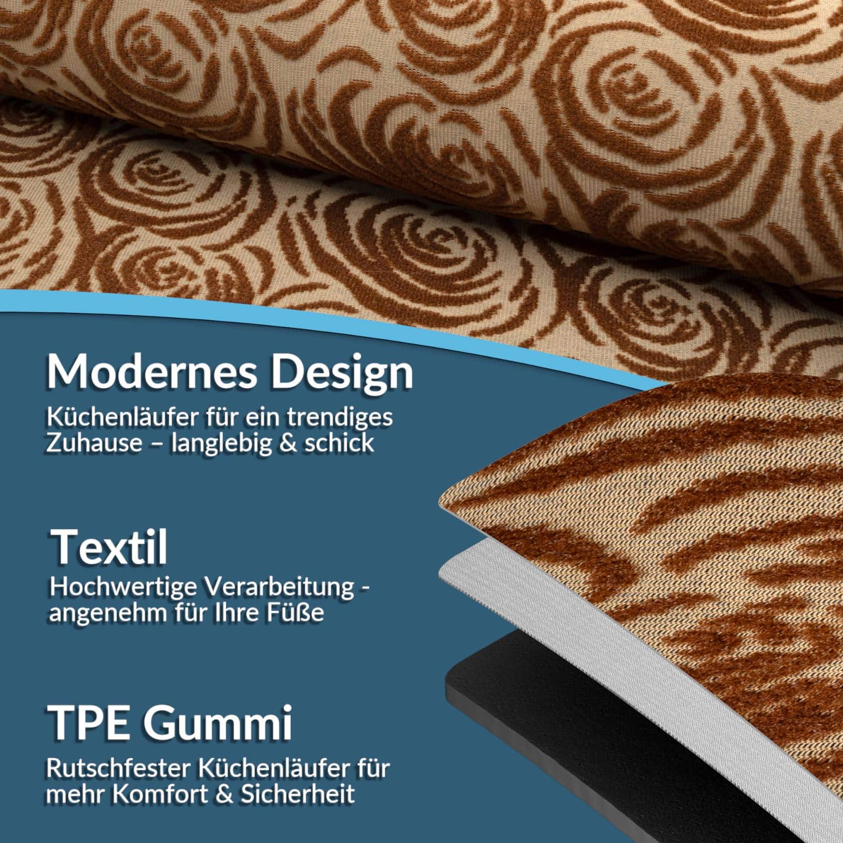 Teppichläufer Läufer Flur Küchenläufer rutschfest Rosen Beig Breite 65cm / 100cm