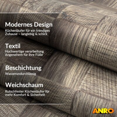 Küchenteppich Küchenläufer abwaschbar Teppichläufer Küche rutschfest Flur Läufer pflegeleicht Patchwork Holz Graubeige Breite 67cm