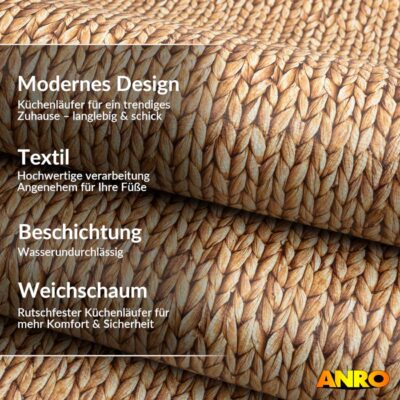 Küchenteppich Küchenläufer abwaschbar Teppichläufer Küche rutschfest Flur Läufer pflegeleicht Zopfmuster  Breite 67cm
