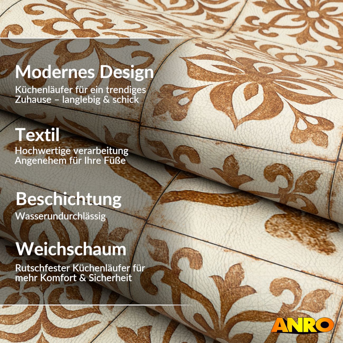 Küchenteppich Küchenläufer abwaschbar Teppichläufer Küche rutschfest Flur Läufer pflegeleicht Ornamentfliesen Breite 67cm