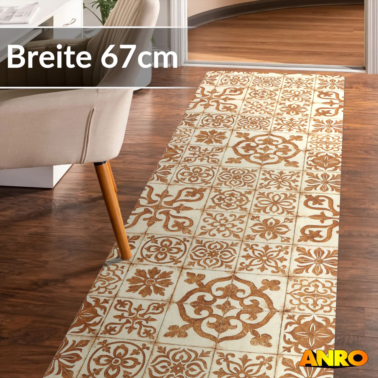 Küchenteppich Küchenläufer abwaschbar Teppichläufer Küche rutschfest Flur Läufer pflegeleicht Ornamentfliesen Breite 67cm