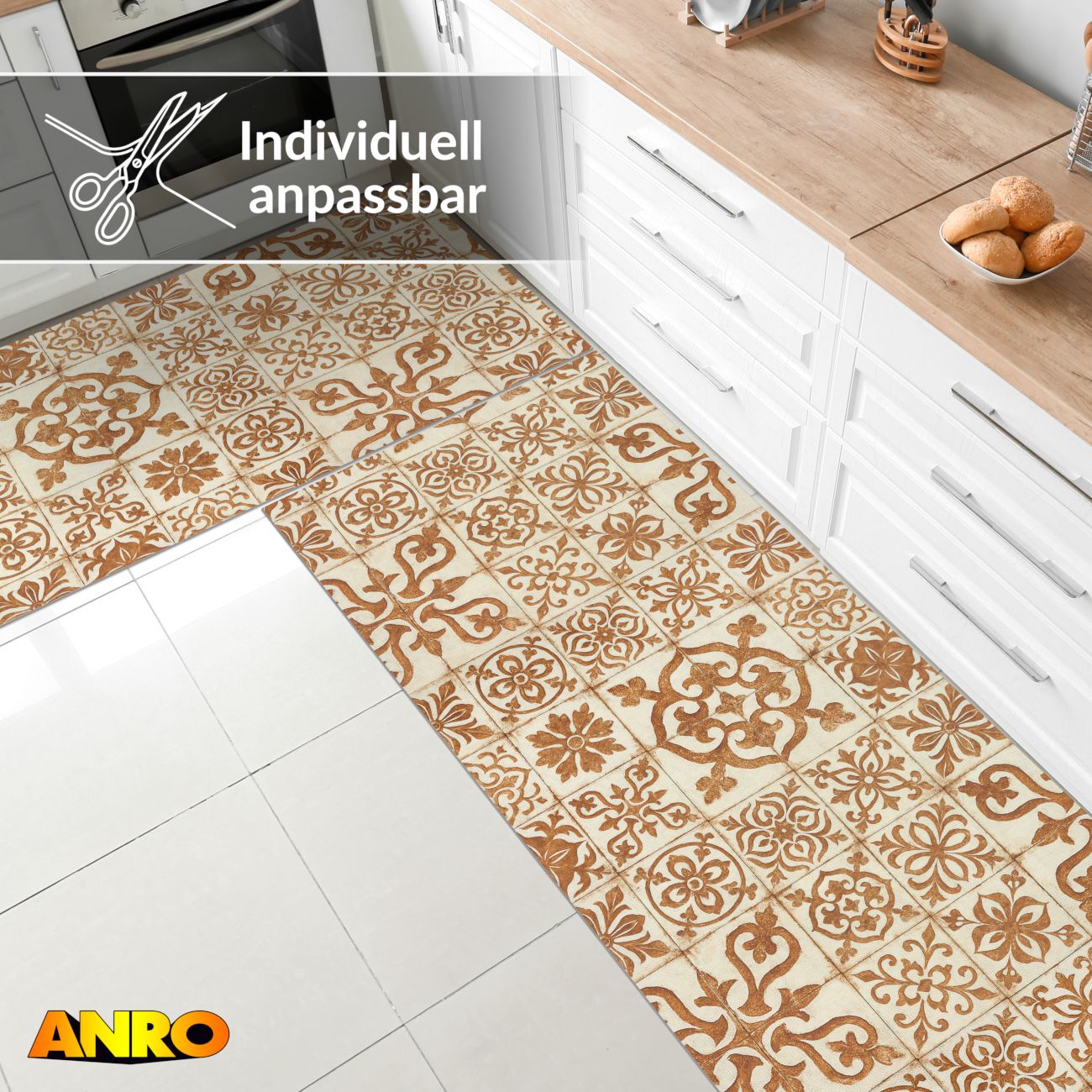 Küchenteppich Küchenläufer abwaschbar Teppichläufer Küche rutschfest Flur Läufer pflegeleicht Ornamentfliesen Breite 67cm