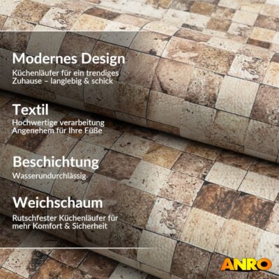 Küchenteppich Küchenläufer abwaschbar Teppichläufer Küche rutschfest Flur Läufer pflegeleicht Travertin-Mosaik Breite 67cm