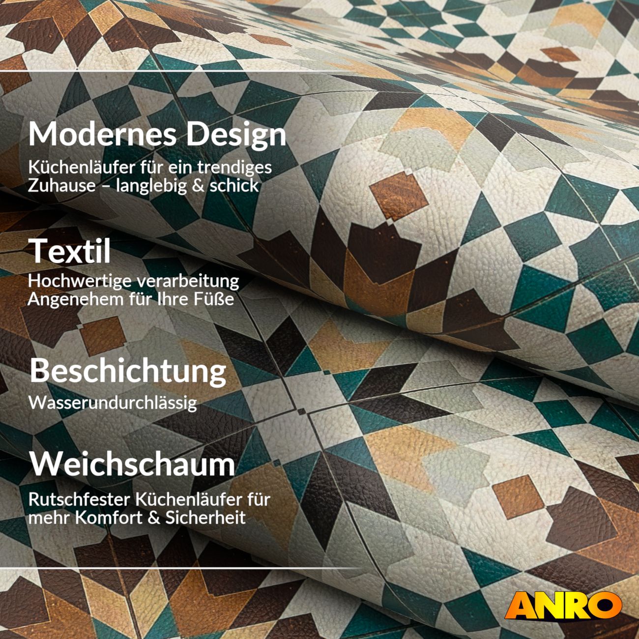 Küchenteppich Küchenläufer abwaschbar Teppichläufer Küche rutschfest Flur Läufer pflegeleicht Vintagefliesen Breite 67cm