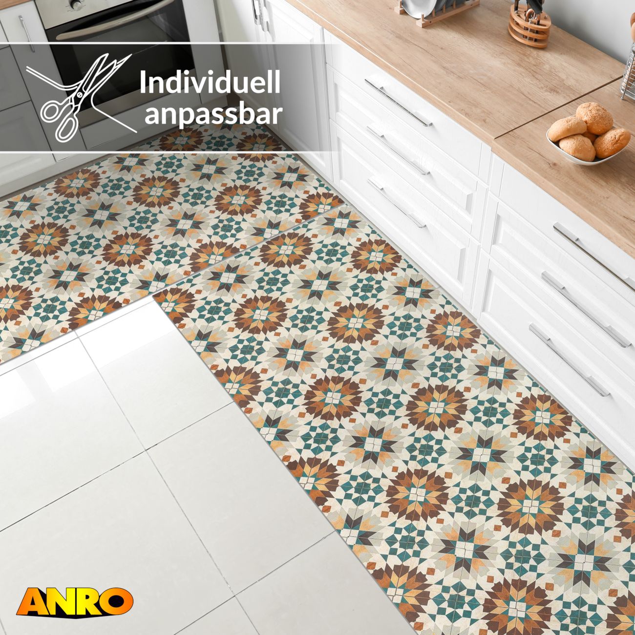 Küchenteppich Küchenläufer abwaschbar Teppichläufer Küche rutschfest Flur Läufer pflegeleicht Vintagefliesen Breite 67cm