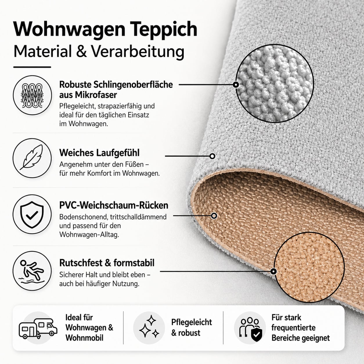 Material & Verarbeitung Wohnwagen Teppich Wohnmobil Teppichboden nach Maß Caravo