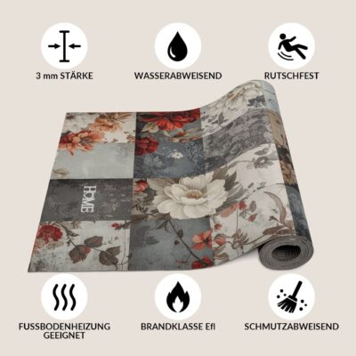 Küchenläufer Teppichläufer waschbar rutschfest Läufer Flur Blumen Patchwork Rot Grau 52 cm Breite
