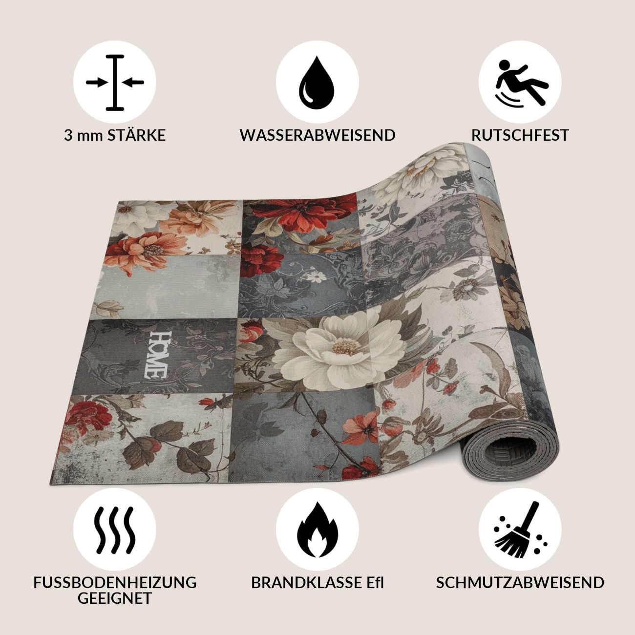 Küchenläufer Teppichläufer waschbar rutschfest Läufer Flur Blumen Patchwork Rot Grau 52 cm Breite