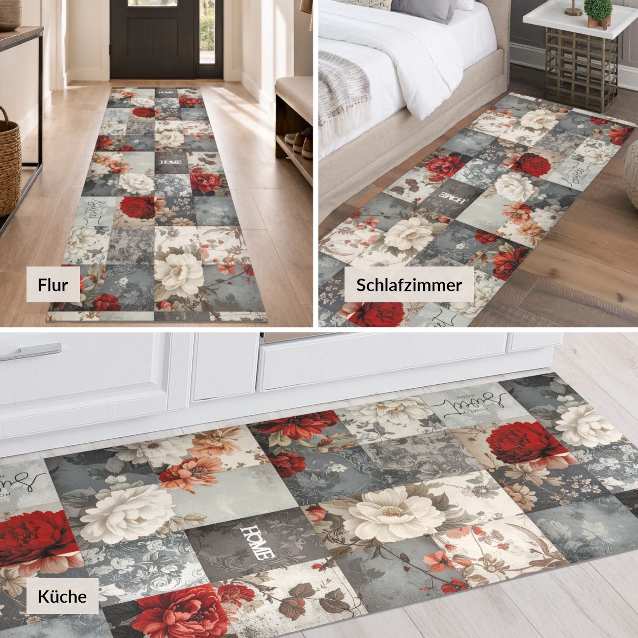 Küchenläufer Teppichläufer waschbar rutschfest Läufer Flur Blumen Patchwork Rot Grau 52 cm Breite
