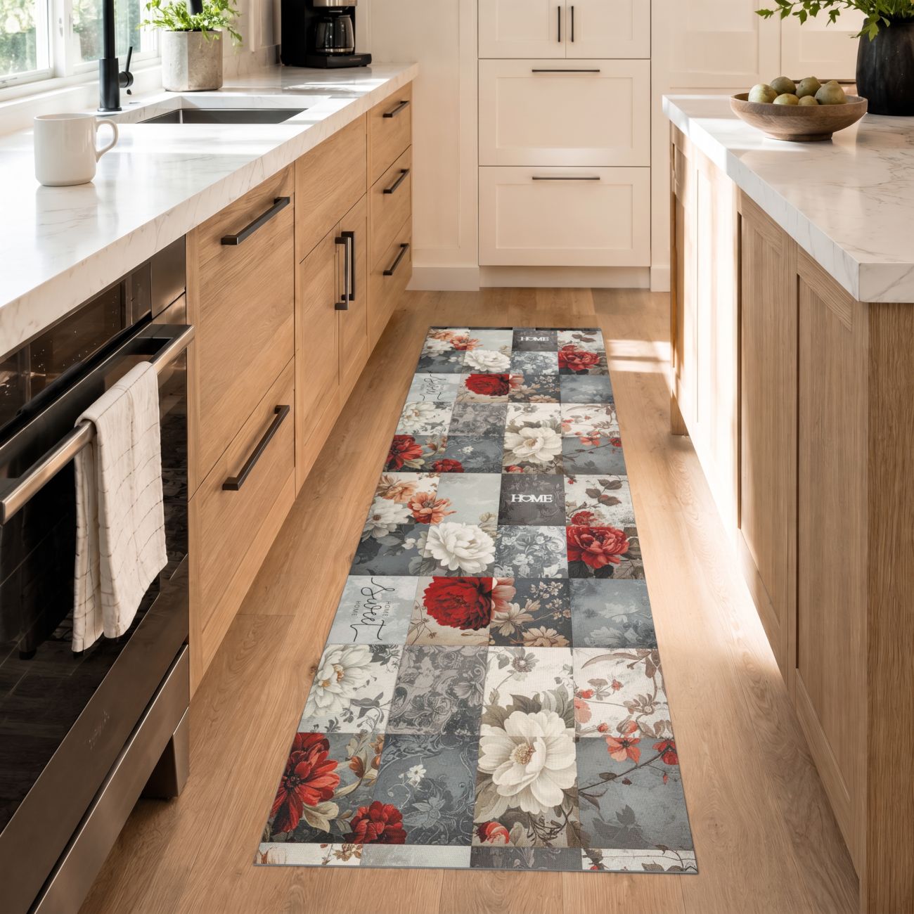 Küchenläufer Teppichläufer waschbar rutschfest Läufer Flur Blumen Patchwork Rot Grau 52 cm Breite