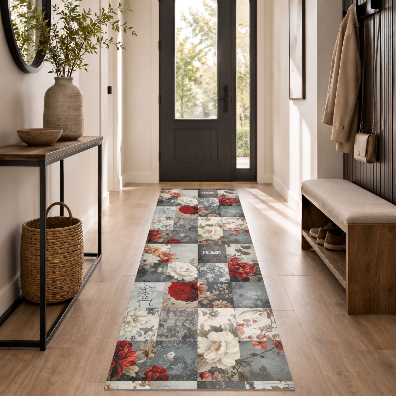 Küchenläufer Teppichläufer waschbar rutschfest Läufer Flur Blumen Patchwork Rot Grau 52 cm Breite