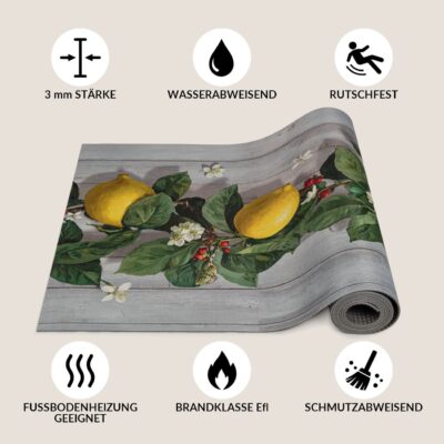 Küchenläufer Teppichläufer waschbar rutschfest Läufer Flur Zitronen Holzoptik Grau 52 cm Breite
