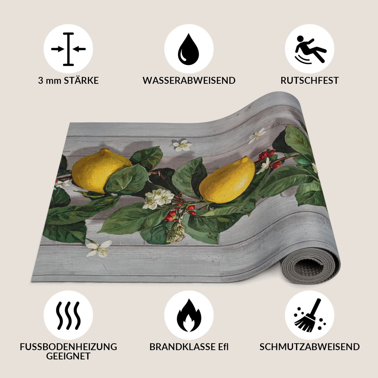 Küchenläufer Teppichläufer waschbar rutschfest Läufer Flur Zitronen Holzoptik Grau 52 cm Breite